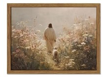 Framed Jesus Leaves the 99 Sheep Canvas Wall Art, Christian Canvas Wall Decor...