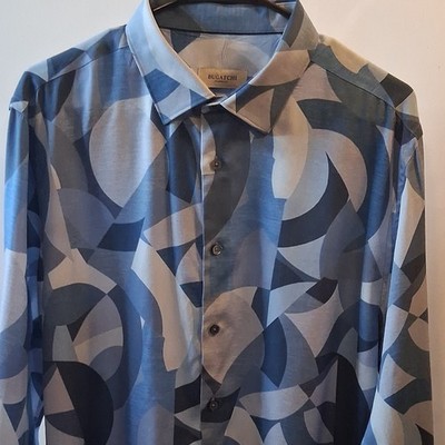 Bugatchi Shaped Fit Lyocell Geometric Dress Shirt Blue/White Long Sleeve