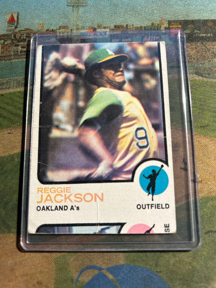 Reggie Jackson 1973 Topps #255 error de corte erróneo/círculo azul/ver tarjeta trasera 1/1 patio Foto 3 de 4