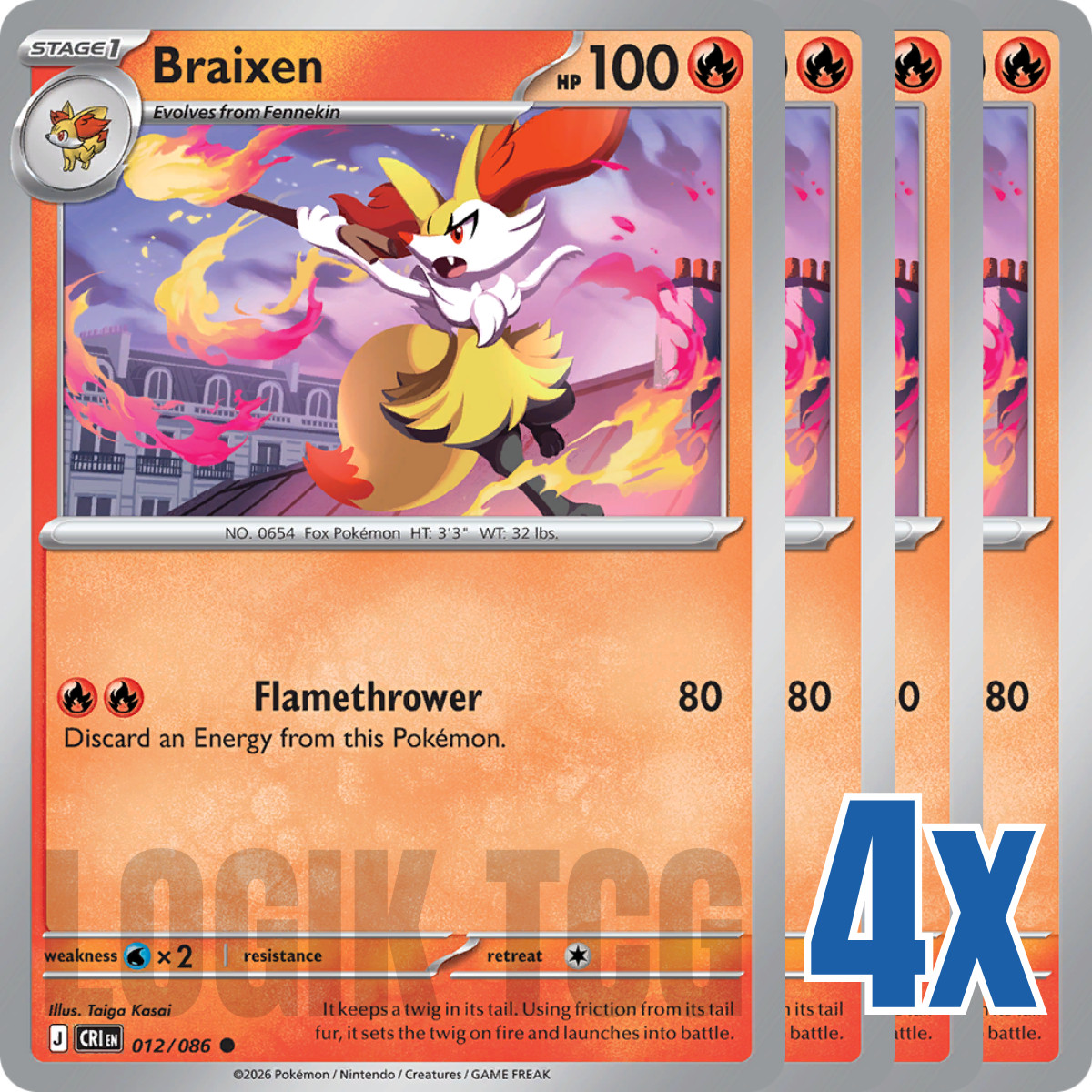 4x Braixen 012/086 x4 - Chaos Rising - Pokemon TCG - Playset