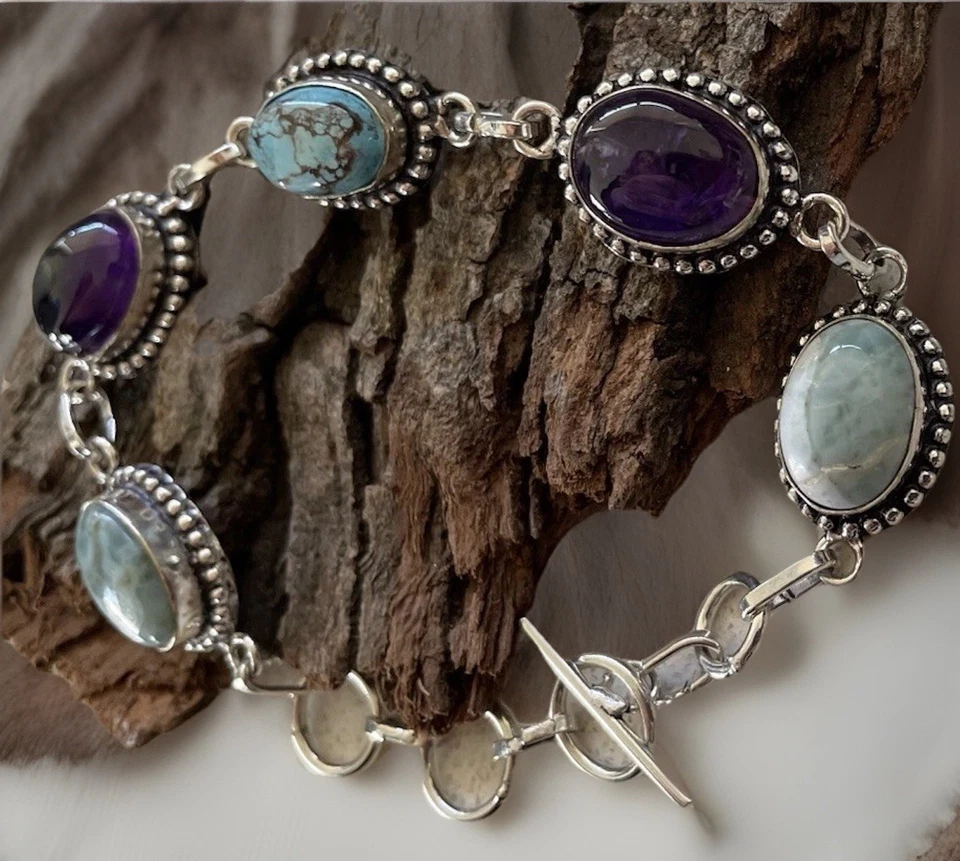 Браслет с бирюзой, аметистом и ларимаром длиной 22 см - посеребренный - новый - Изображение 3 из 3
