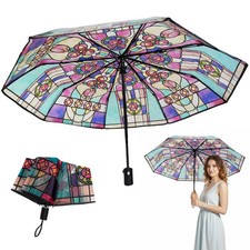 Stained Glass Umbrella,Convenient Automatic Folding Stained Glass Umbrella fo...