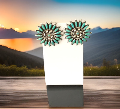 NAVAJO NATHANIEL & ROSEMARY NEZ NEEDLEPOINT TURQUOISE STERLING SILVER EARRINGS