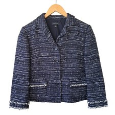 ANN TAYLOR Navy Tweed Cropped Jacket Blazer Size 12 Fringe Detail Workwear