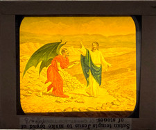 "SATAN TEMPTING JESUS" HAND COLORED ANTIQUE MAGIC LANTERN TEXTURED GLASS SLIDE