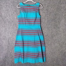 Talbots Women Dress 8 Blue Sleeveless Striped Pleated Fit Flare Casual Nautical