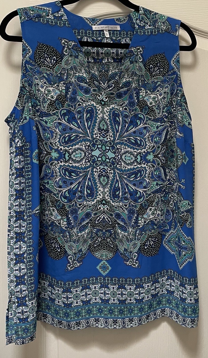 Women's Size 1X Blue Paisley Sleeveless Violet & Claire Flowing Top, Tunic