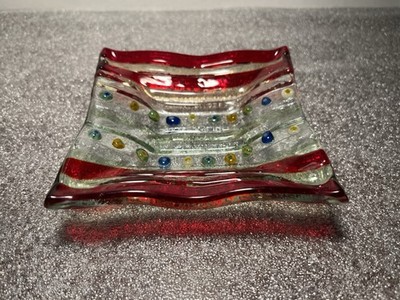 Murano Fused Glass Colorful Multicolor Trinket Dish Ashtray Square 3.5'' Wide