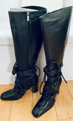 NEW YSL Rive Gauche by Tom Ford 2001 Runway Black Leather Knee High Boots 37.5