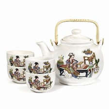 Vintage Asian Geisha Porcelain Teapot  4 Tea Cups Set Made in Taiwan
