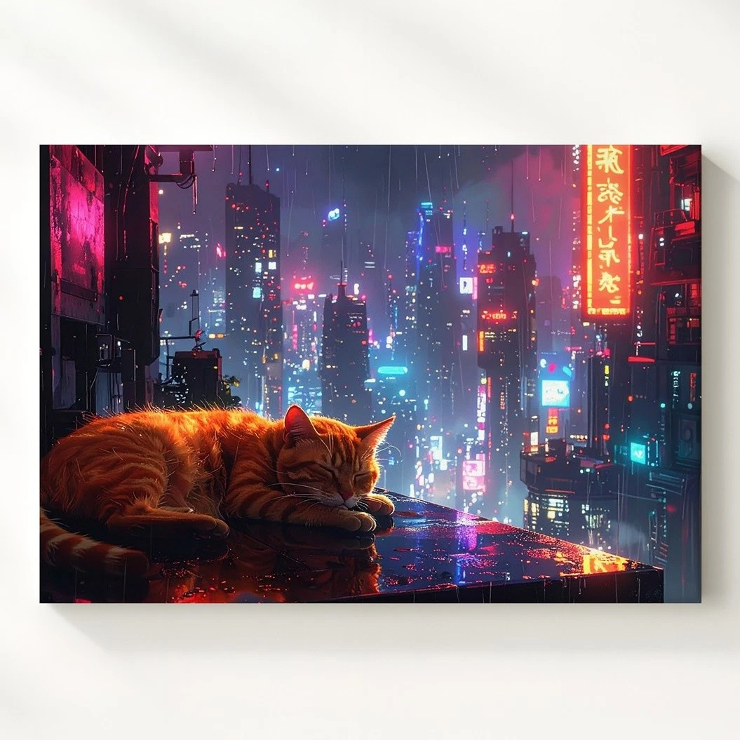 Wall Art Cyberpunk Orange Tabby Cat Canvas Neon Cityscape & Urban Tranquility