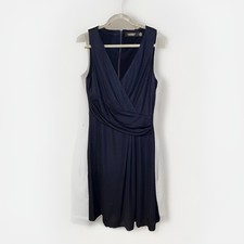 Lauren Ralph Lauren Navy Ruched Sleeveless A-Line Knee Length V-Neck Dress