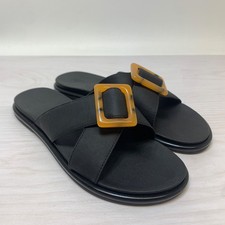 Olukai La  i Slide Womens 9 Black Leather Tortoise Shell Water Slippers