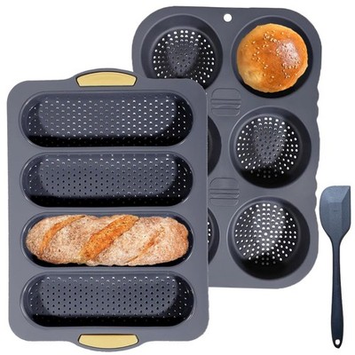 Silicone Hamburger Bun and Baguette Pan Set, Non-Stick Baking Molds