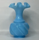 Vintage Fenton Wave Crest Turquoise 6" Vase Swirl Turquoise Milk Glass