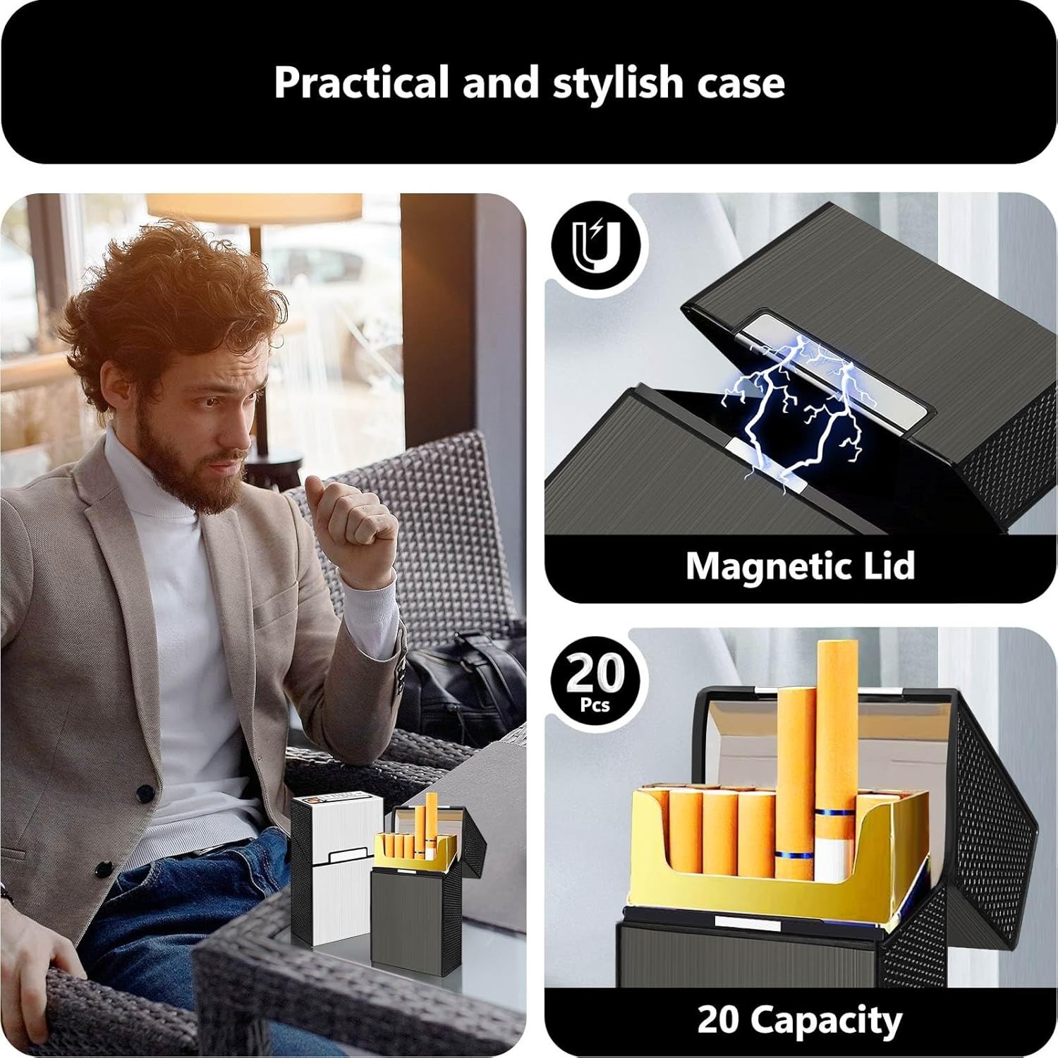 Cigarette Case with Lighter for 100Mm 100&rsquo;S King Size, Rechargeable 20 Capacity