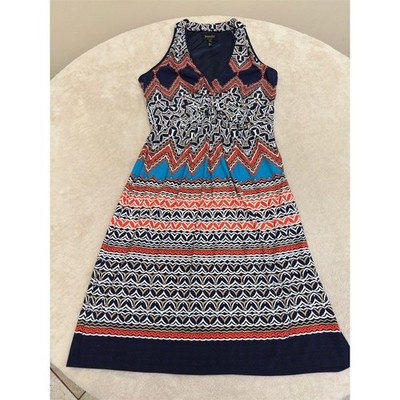 Laundry by Shelli Segal Dress Womens 4 Blue Geometric V-Neck Sleeveless