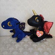 2 Ty Beanie Boos Dragon Plush Blue Saffire and Black  Red Grindal Dragons Lot