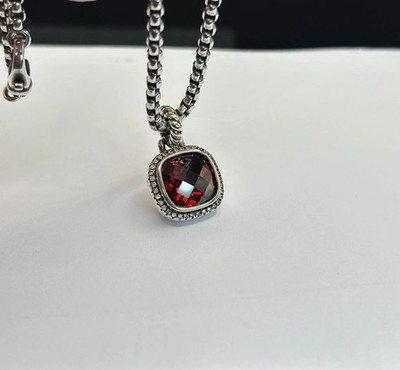 David &Yurman Albion 925 Silver 14mm Red Garnet Pendant & Necklace 22