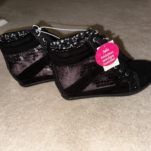 NWT Justice Girl Women Ankle Boots Size 9 Black Glitter Sequin Hidden Wedge - Picture 2 of 4