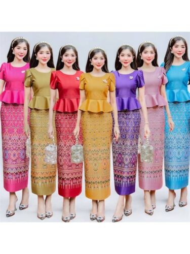 Thai Cotton Dress Traditional Women Skirt Blouse Fashion Printed Long Laos Asian - 第 1/20 張圖片