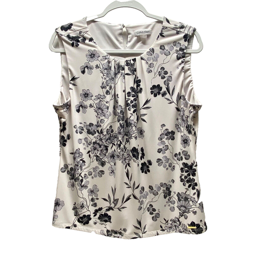Calvin Klein Women's XL Career Tank White Black Floral Gathered Neck Blouse EUC