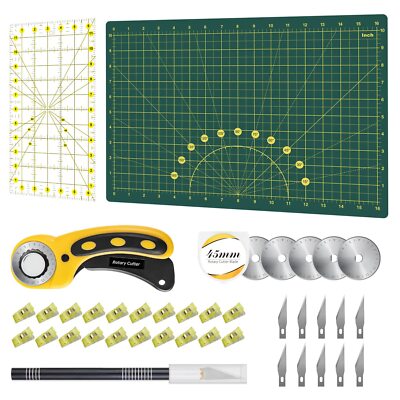 Rotary Cutter Set - 45mm Fabric Cutter, 5 Extra Rotary Blades, A3 Cutting Mat...