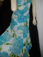 Morell Maxie,blue,turquoise,hydrangeas,hi low,sz8,maxi,draped,floral,100% silk