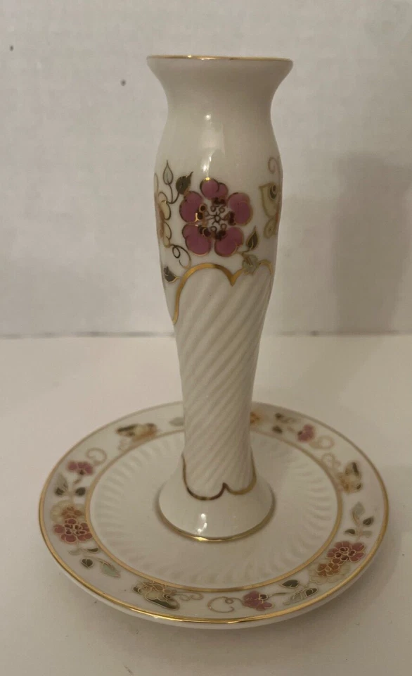 Vtg Zsolnay Handpainted Porcelain Ivory Floral Gold Rim Candle Holder Bud Vase - Image 4 of 4