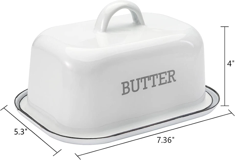 Эмалированное блюдо с маслом с крышкой, фермерское блюдо с белым маслом винтажное с черным ободком En... - Изображение 2 из 2