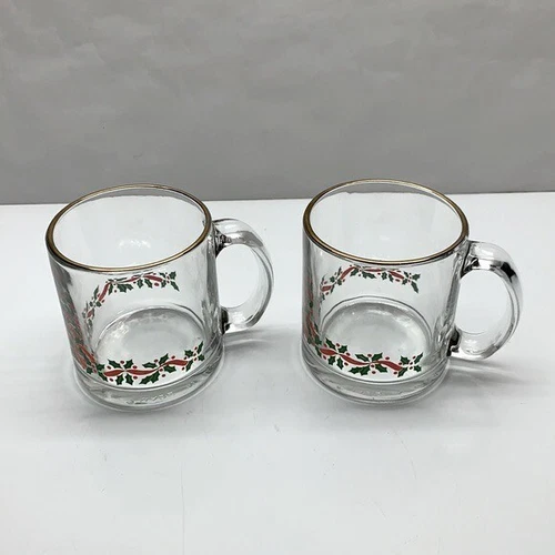 Libbey USA Clear Glass Christmas Holiday Mugs Gold Trim and Holly Berries  set 2
