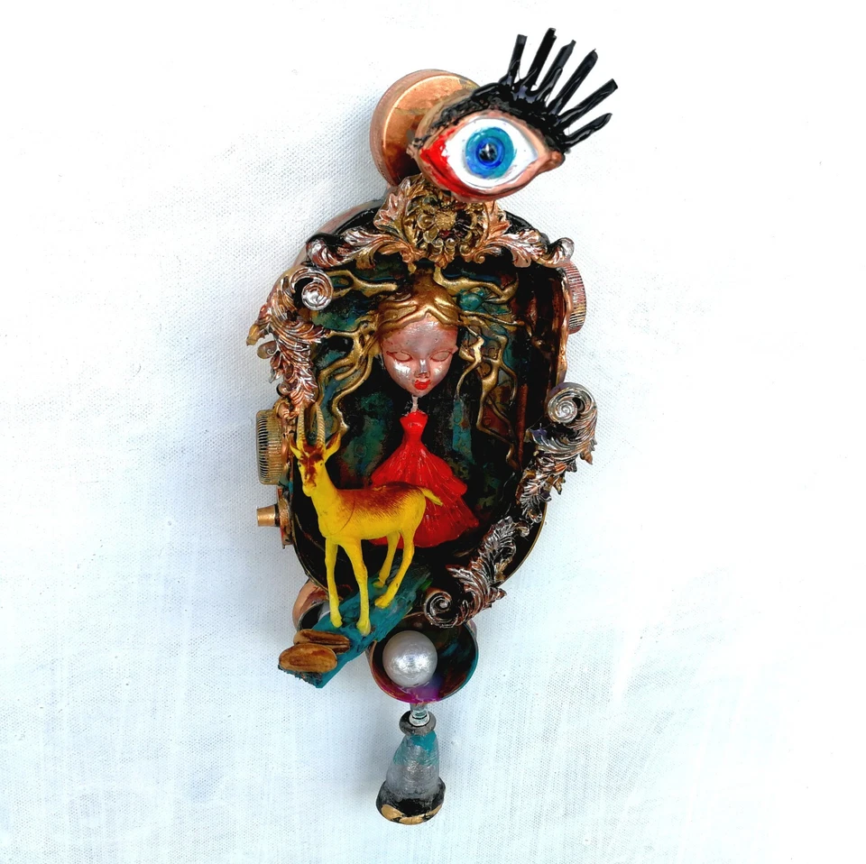 art assemblage modern original sculpture mixed media painting animals dolls goat - Image 3 of 4