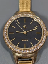 Charming Charlie Black Dial Crystal Accent Round Gold Tone Case Mesh Band Watch