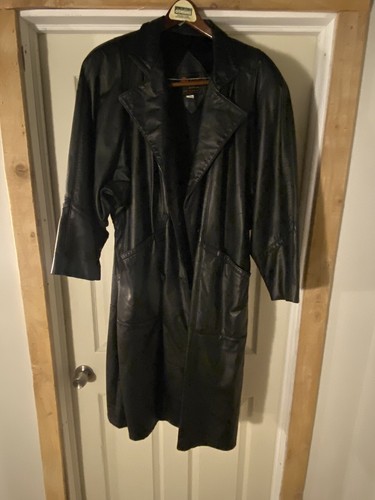 Vintage Unisex 1980’s Reeds Black Leather Trenchcoat Made in USA Size S - Bild 1 von 15