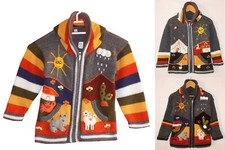 Kinder Strickjacke Grau, Gr. 98/104 Zipfel-Kapuze Peru Bauernhof Alpaka Anden