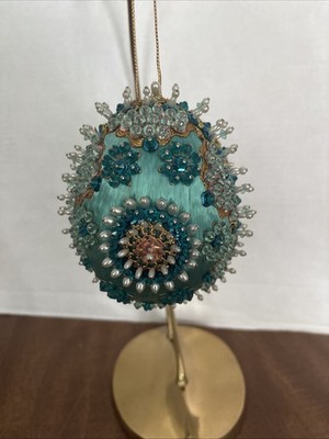 Vintage Large Satin Push Pin Blue Christmas Ornament 6'' Handcrafted  Beaded Egg