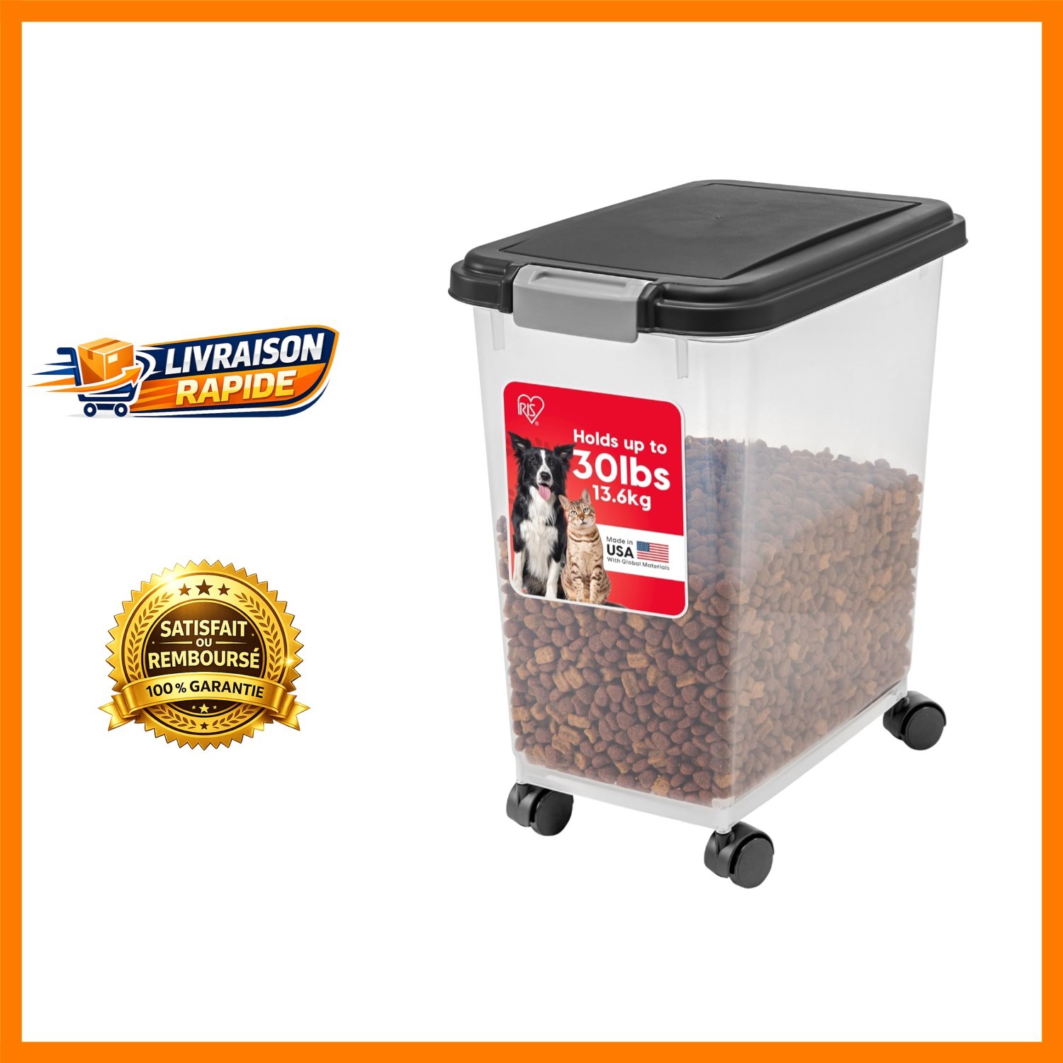 Garder les croquettes fraîches : conteneur hermétique 30L noir amovible