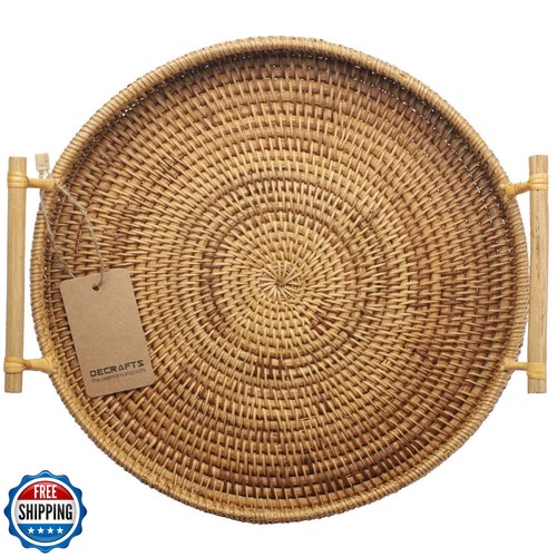 DECRAFTS Rattan Round Serving Tray Wicker Woven Bread Basket with Handles for