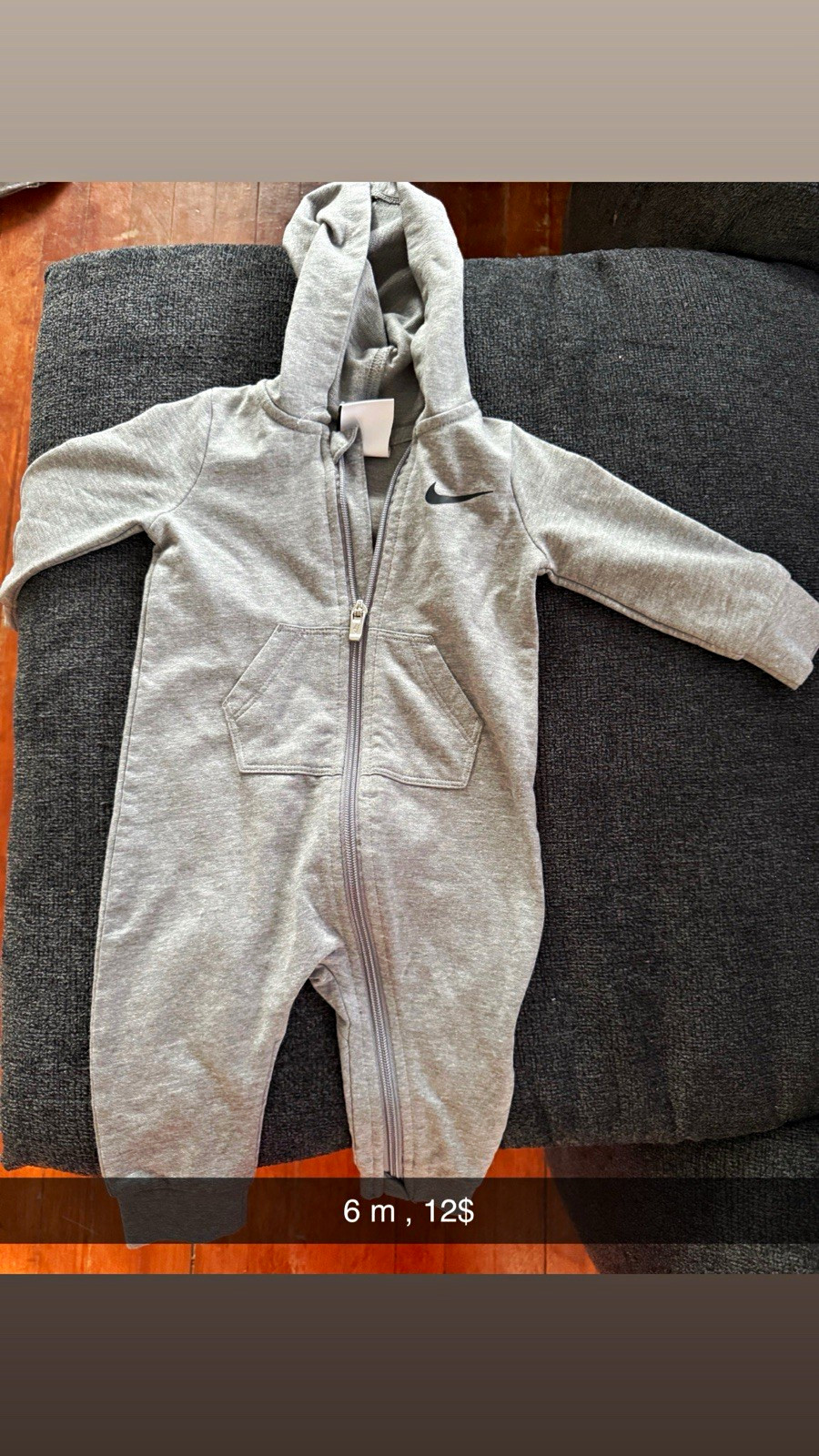 Nike Baby Hooded Zip One-Piece Coverall Gray Fleece Logo 6-9 Months