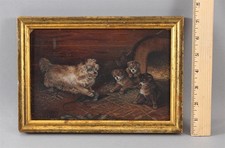Small Antique Signed Cairn Terrier Dog Puppies Rat American Folk Art Painting NR