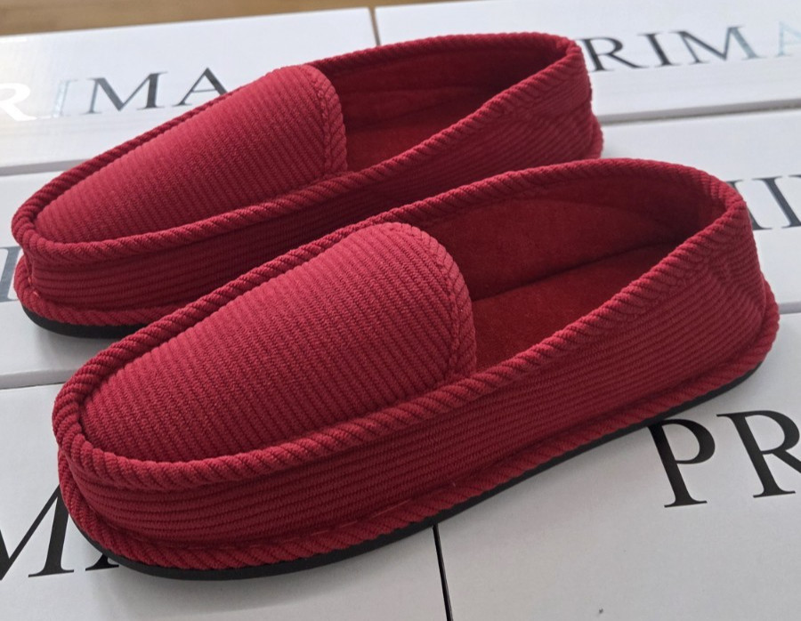 MEN'S  RED CORDUROY HOUSE SHOES MOCCASIN SLIP-ON  RED