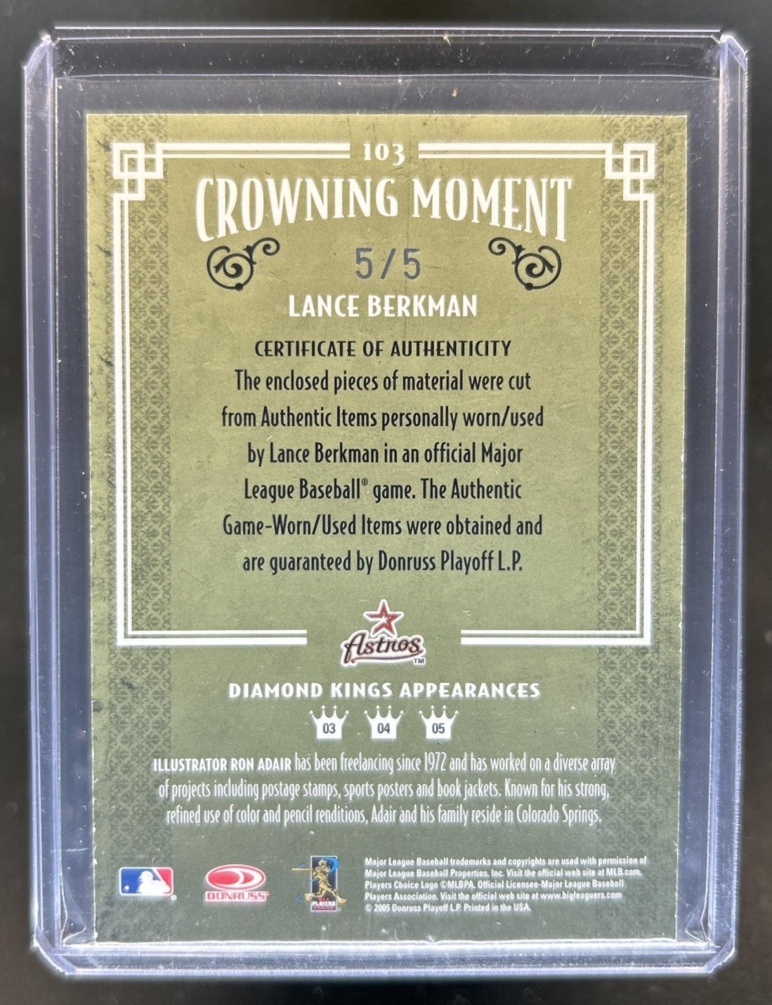 2005 Donruss Diamond Kings Lance Berkman Game Used Jersey and Bat Gold Auto #/5 view 2