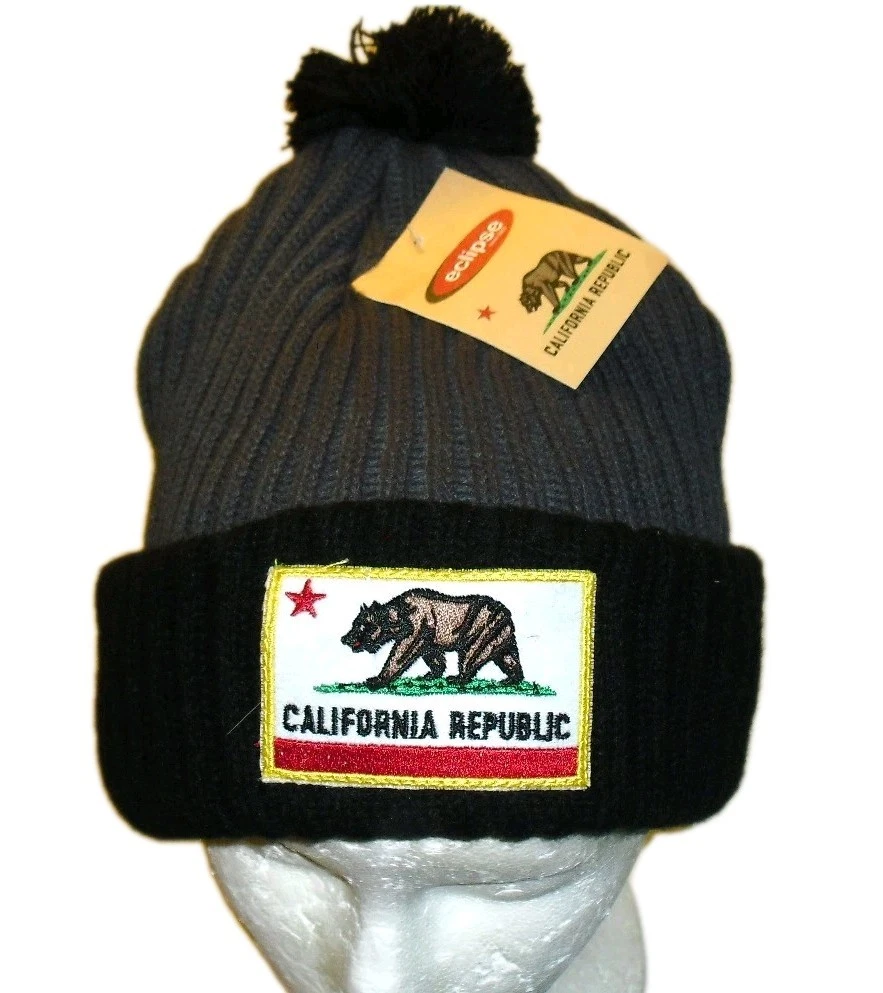 California Republic Bear Mens WInter hat cap Pom Beanie New Tags Grey Black
