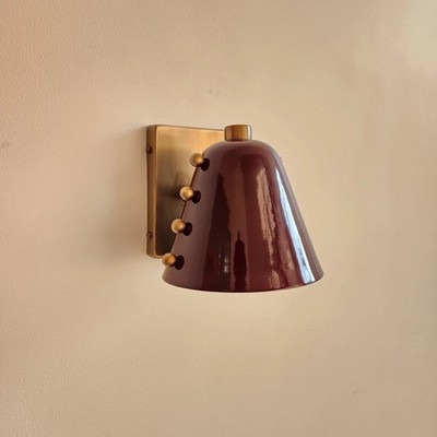 Bold Cone Brass Wall Sconce Wine Shade with Rivet Accents Handcrafted Wall Lamp