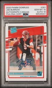 2020 PANINI DONRUSS CANVAS #301 JOE BURROW ROOKIE RC 21/49 PSA 10 DNA AUTO 10