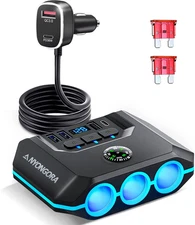 9-In-1 Cigarette Lighter Splitter, 156W 12V/24V Car Charger Adapter with 3 Socke