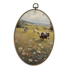 XBBMGG Rustic Cow Wildflower Wall Art Decor, French 11.4"L x 8.6"W Cow-oval
