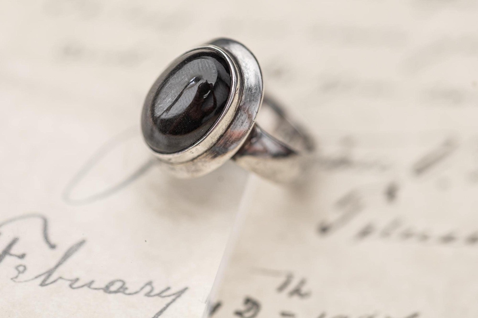 Vintage Black Cats Eye Sterling Silver Ring Estate Jewelry