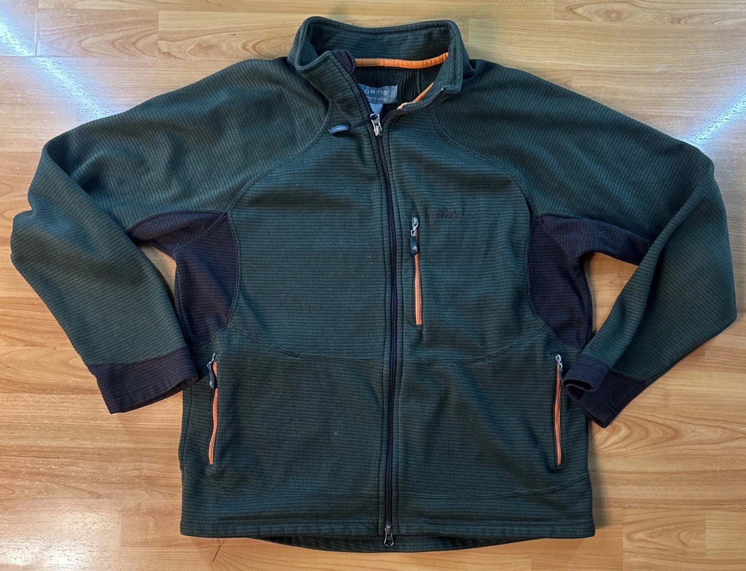 Orvis Trout Bum Full Zip Fleece Jacket Green Orange Outdoor Hiking Men’s M