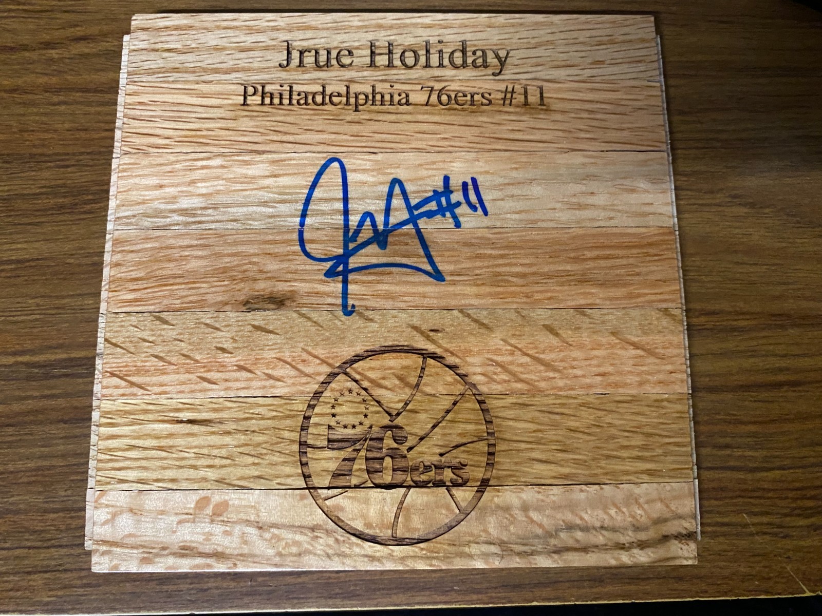 Jrue Holiday Autographed Signed Philadelphia 76ers Floorboard Sixers APE COA (a) 